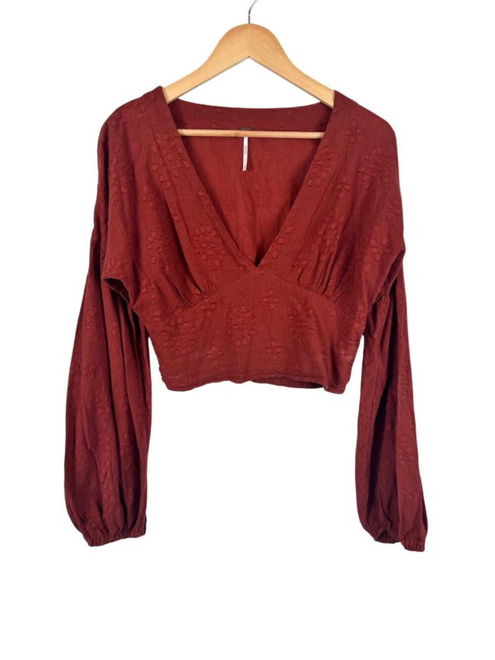 Free People Rust Red Embroidered Long Sleeve V-Neck Cropped Blouse Size M Boho